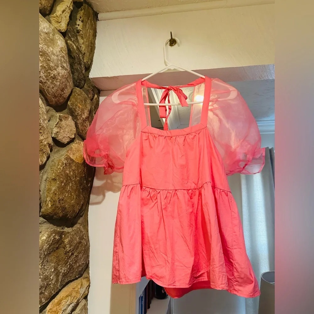 Tuckernuck $128 Pomander Place Tinsley Mesh Puff Sleeve Top in Pink Size Small